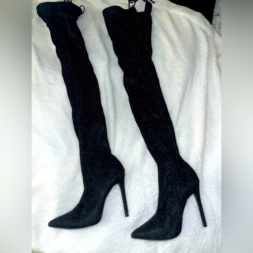 Black, sparkly, thigh high boots